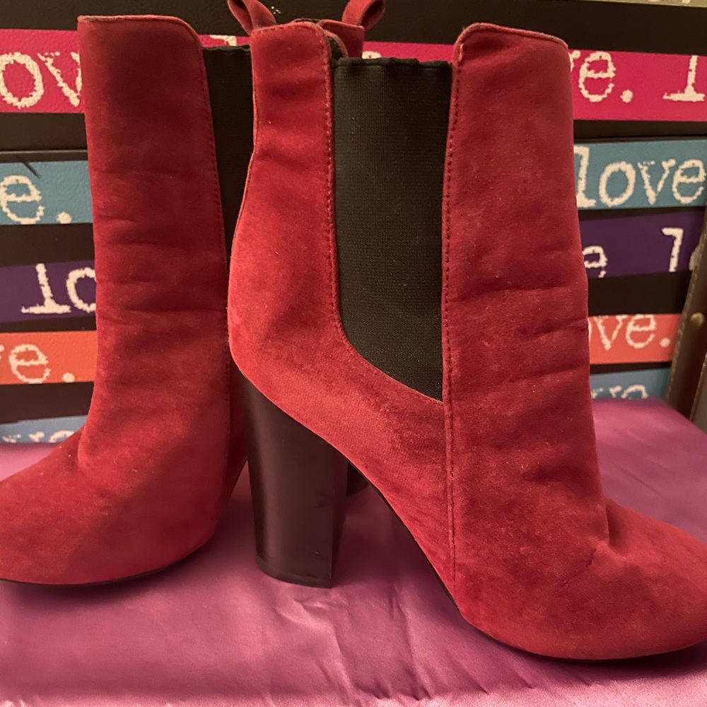 Wine and black heeled boots